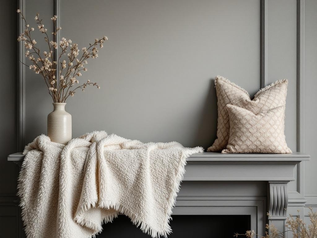 A cozy mantel decorated with a fluffy throw, decorative pillows, and a vase of dried flowers.