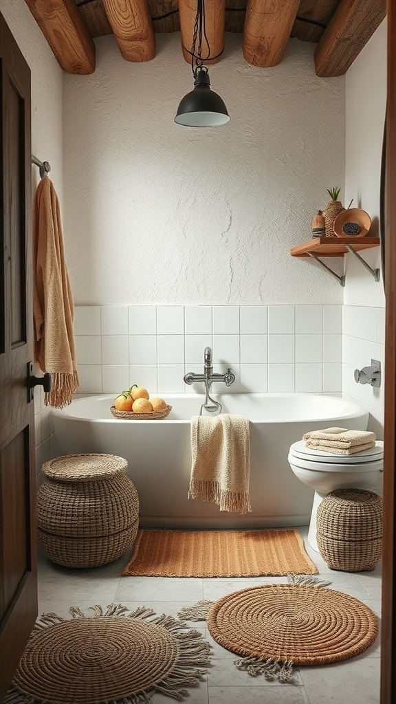 A rustic bathroom featuring soft textiles, woven rugs, and natural materials.