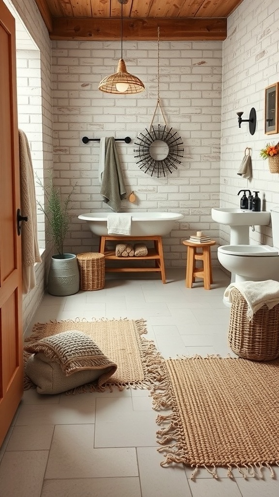 A modern rustic bathroom featuring cozy textiles, including woven rugs and plush towels.