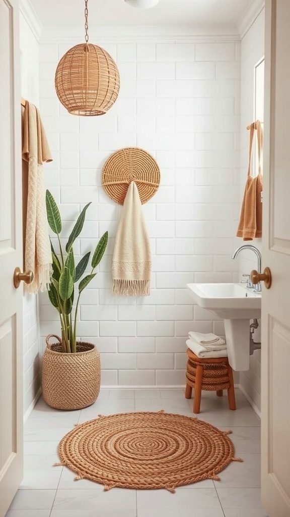 A cozy small bathroom featuring woven textiles, including towels and a round rug.