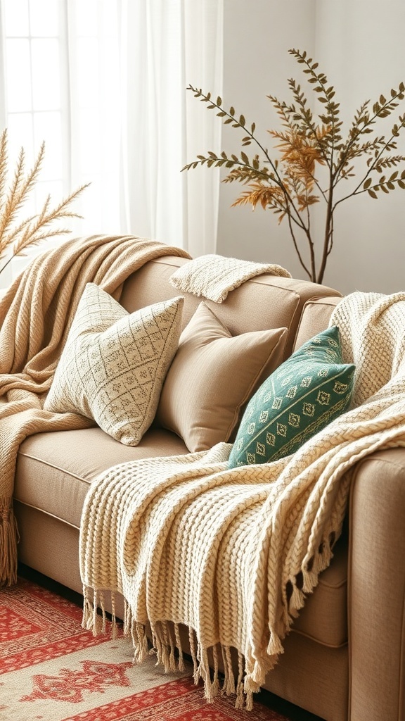A cozy living room with a beige sofa covered in textured throws and decorative pillows, featuring a plant in the background.