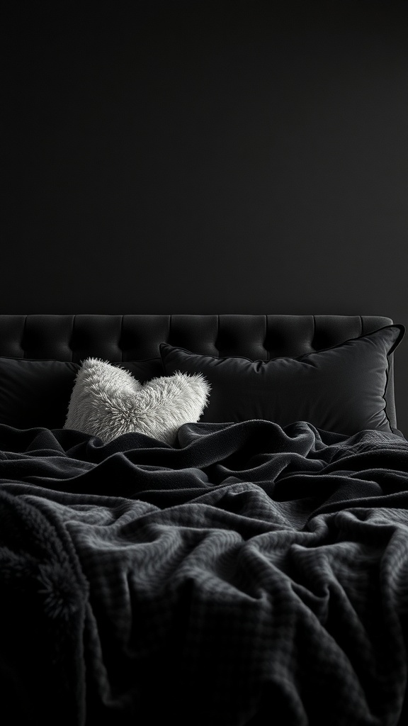 Cozy black bedding with a fluffy white pillow