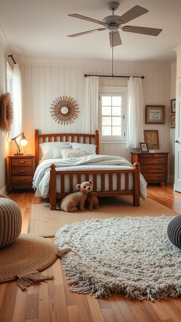 A cozy cottagecore bedroom featuring a wooden bed, soft textured rugs, and warm lighting.