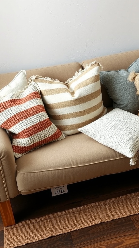A cozy sofa with various textured throw pillows in warm colors.