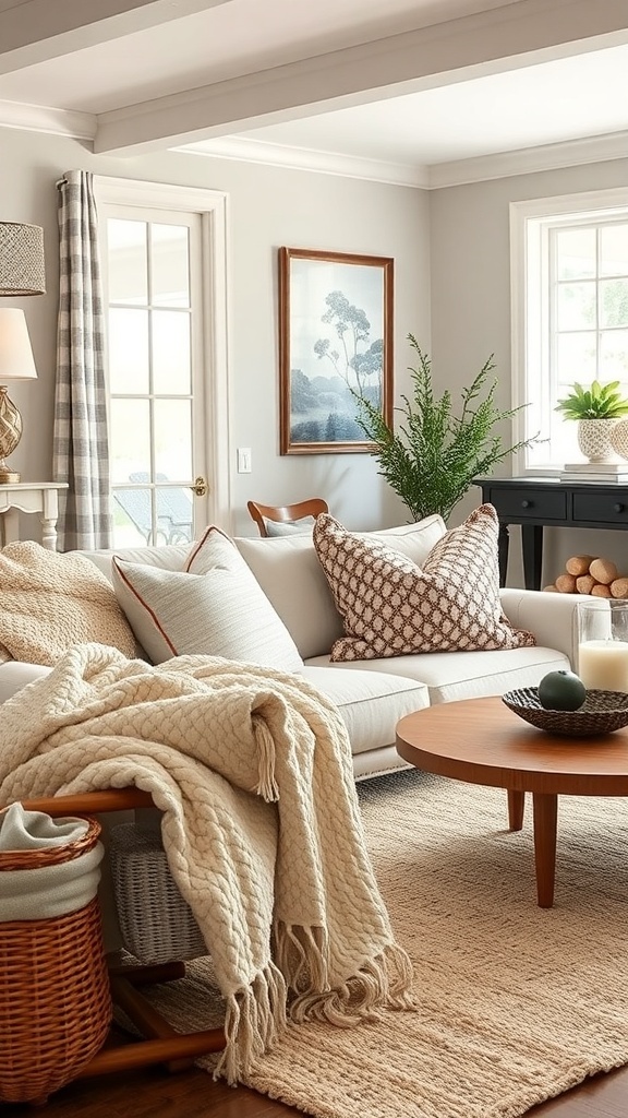 Cozy living room with layered fabrics and textures