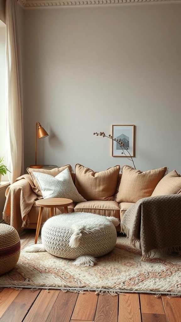 A cozy contemporary living room with layered fabrics and textures.