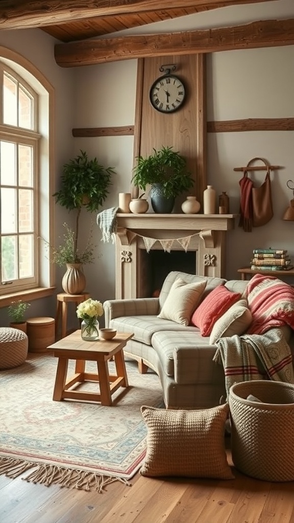 A cozy rustic farmhouse living room with warm colors and soft textures.