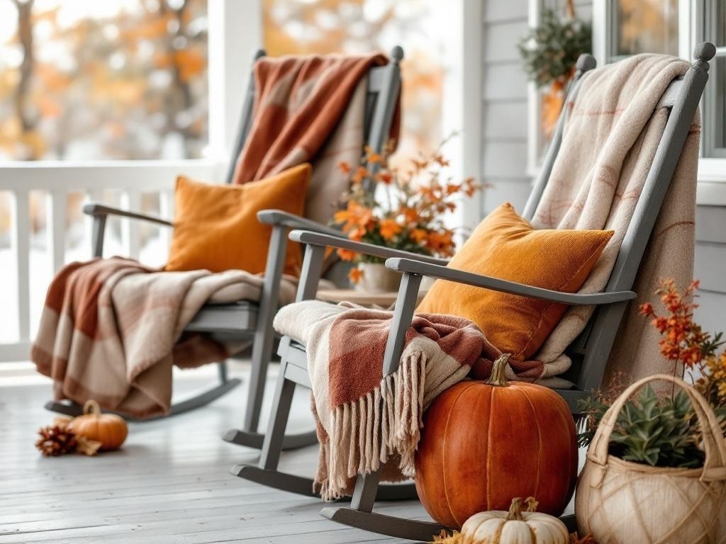 A cozy front porch with rocking chairs, throw blankets, pillows, pumpkins, and autumn decorations.