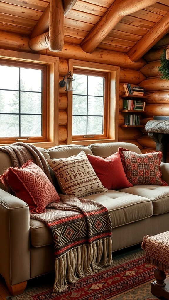 A cozy living room in a mountain cabin featuring a sofa with throw blankets and decorative pillows.