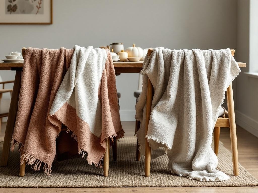 Two cozy throw blankets in earthy tones draped over chairs at a neutral Thanksgiving table setting.