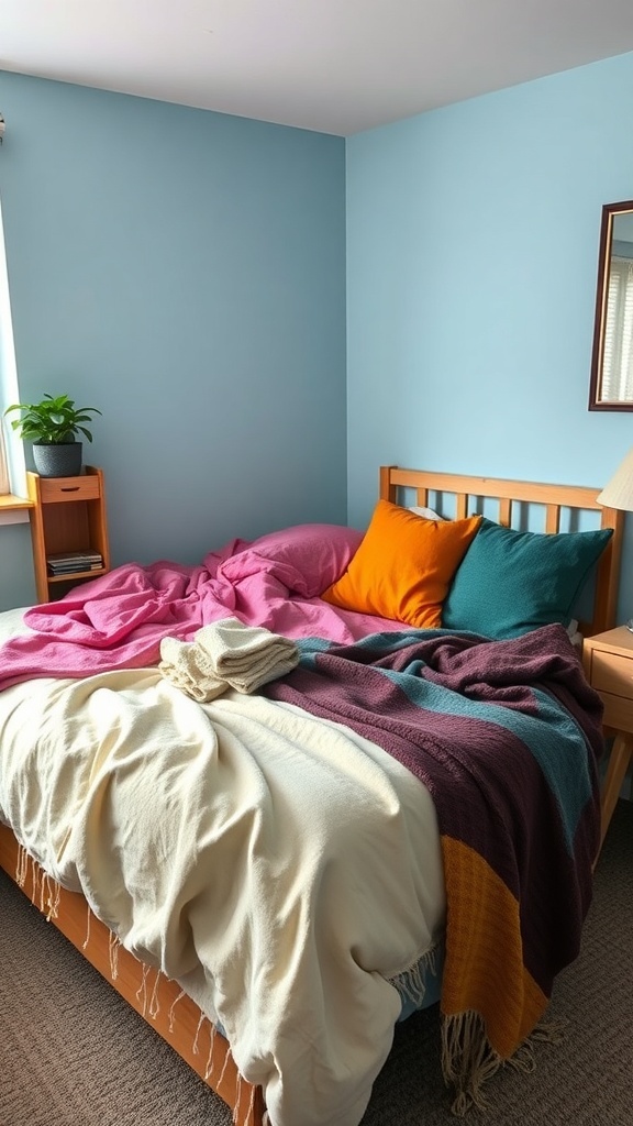 A cozy dorm room bed with colorful throw blankets and pillows.