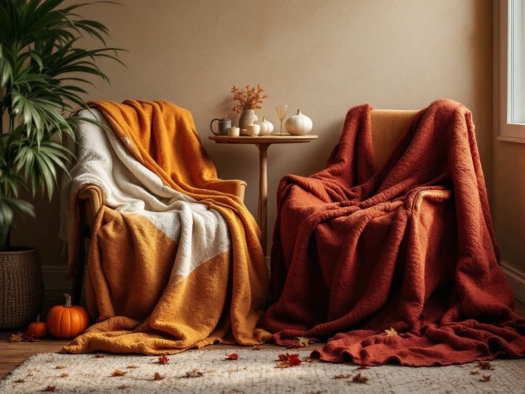 Two chairs with cozy throw blankets in warm autumn colors, a small table with pumpkins, and a plant in a cozy setting.