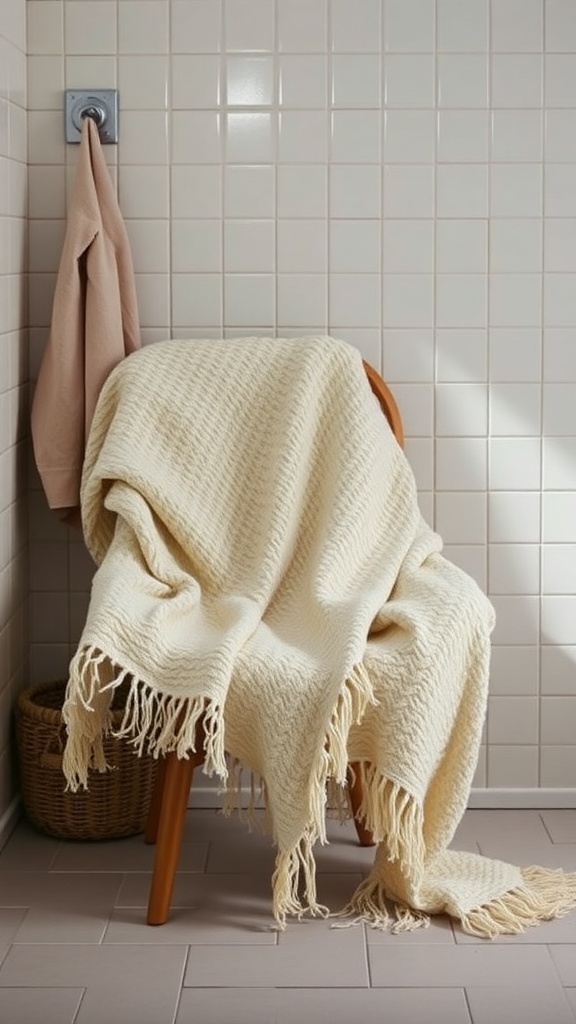 A cream-colored throw blanket draped over a wooden chair in a bathroom setting.