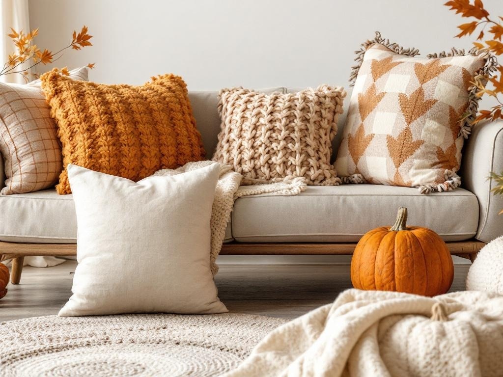 A cozy sofa with colorful throw pillows, a pumpkin, and a soft blanket, creating a warm fall decor.