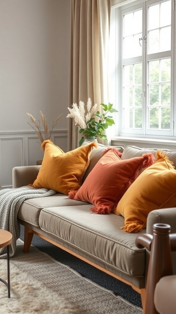 A cozy sofa with orange throw pillows and a soft blanket, complemented by a green plant by the window.