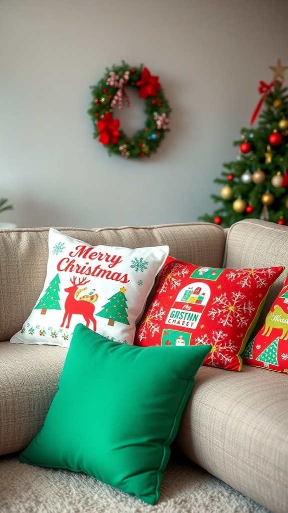 Cozy throw pillows with Christmas patterns on a sofa
