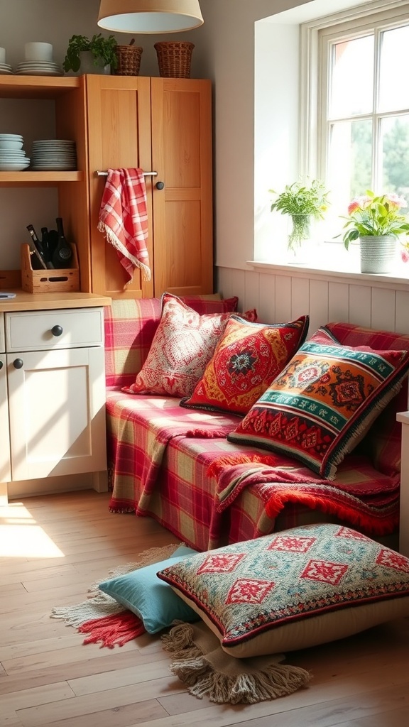 A cozy kitchen nook with colorful throws and pillows on a bench.