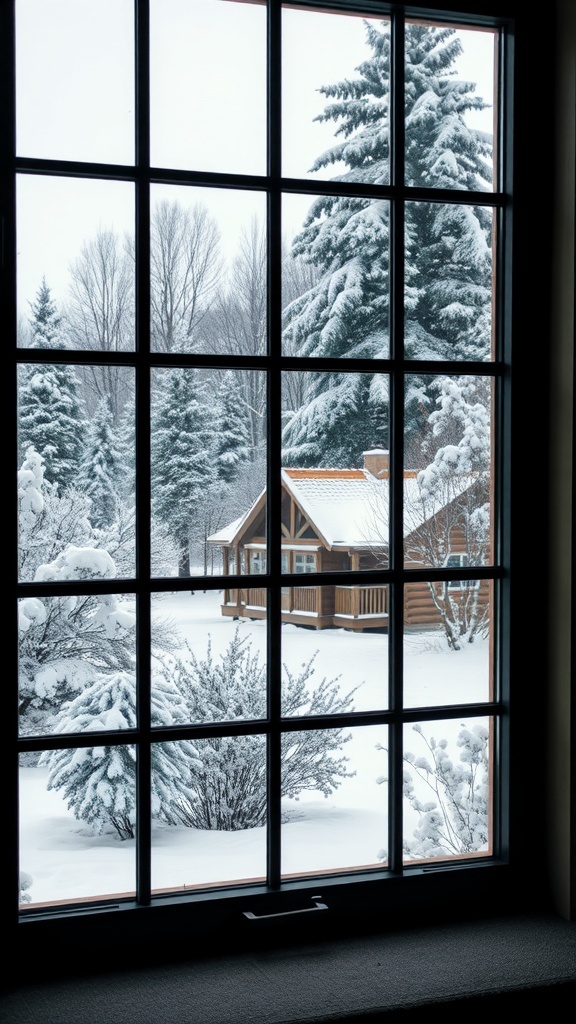 A snowy winter scene viewed through a window, featuring snow-covered trees and a cabin.
