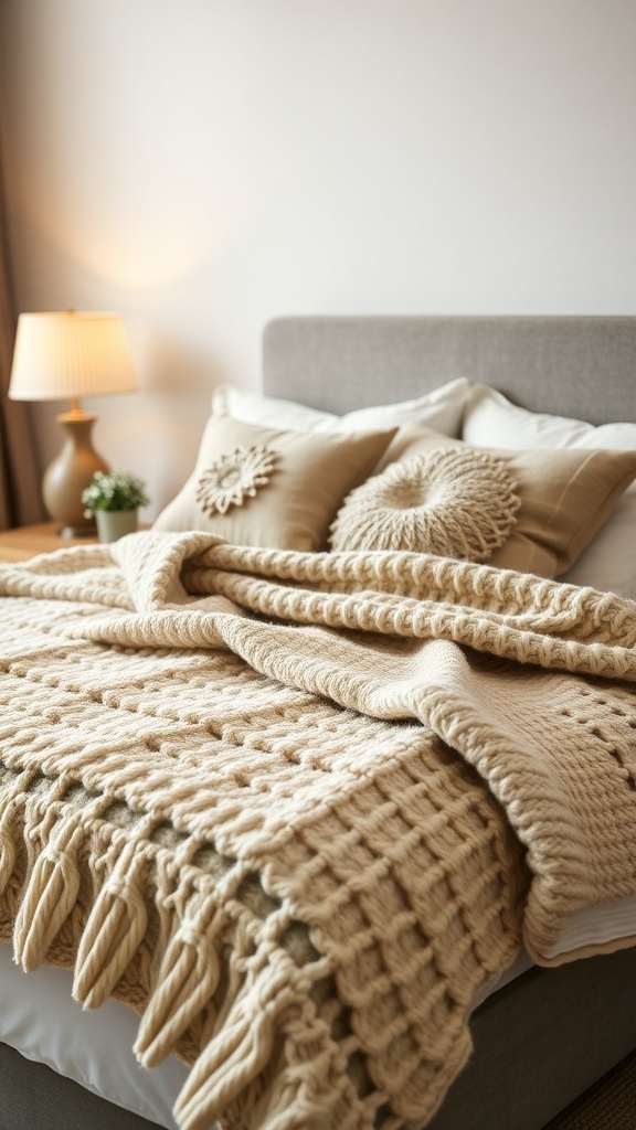 Cozy winter bedroom with soft blankets and pillows in neutral tones.