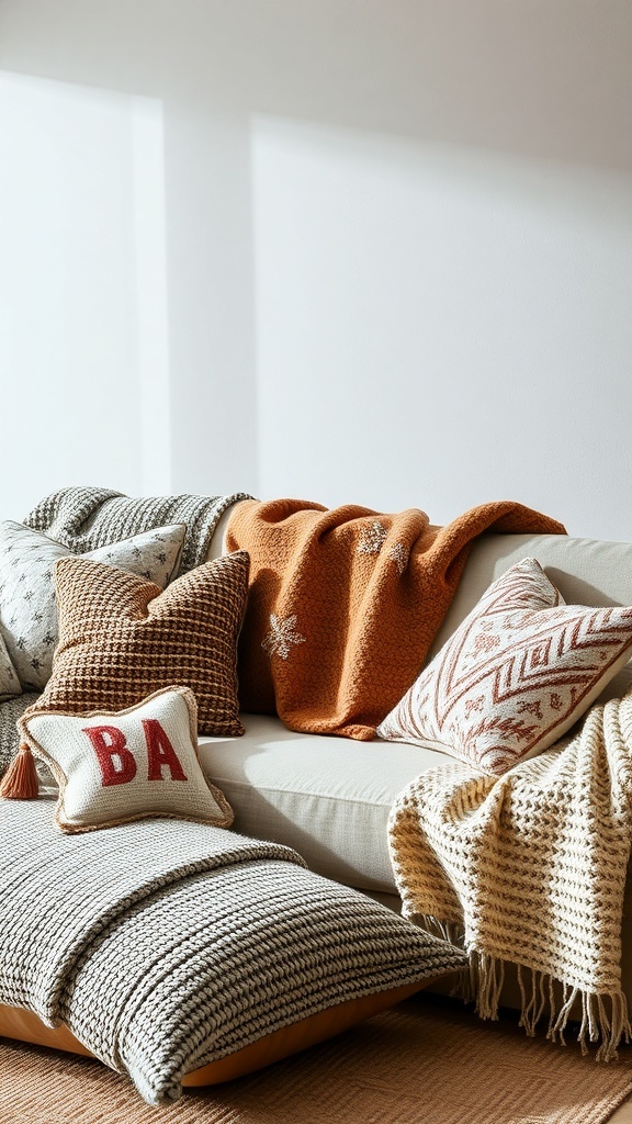 Cozy winter textiles including blankets and pillows on a sofa.