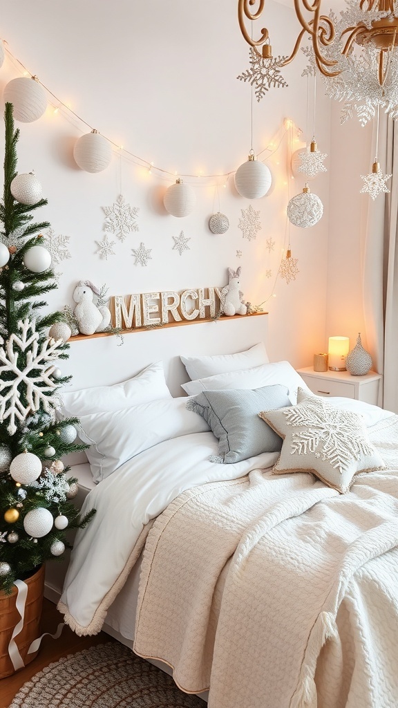 A cozy bedroom decorated for Christmas with a small tree, fairy lights, and festive pillows.