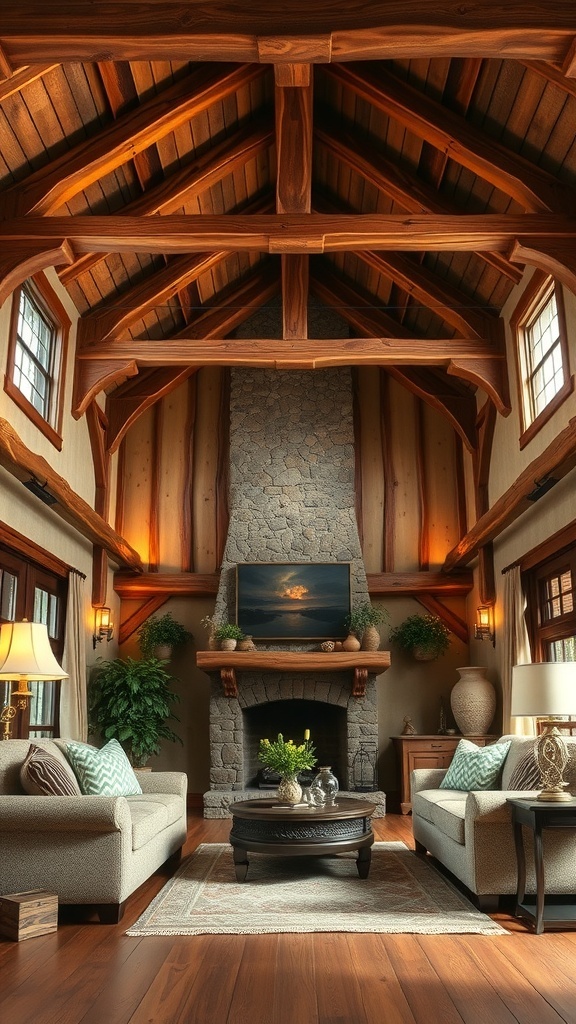 A rustic living room featuring cozy wood-beamed ceilings, a stone fireplace, and comfortable seating.