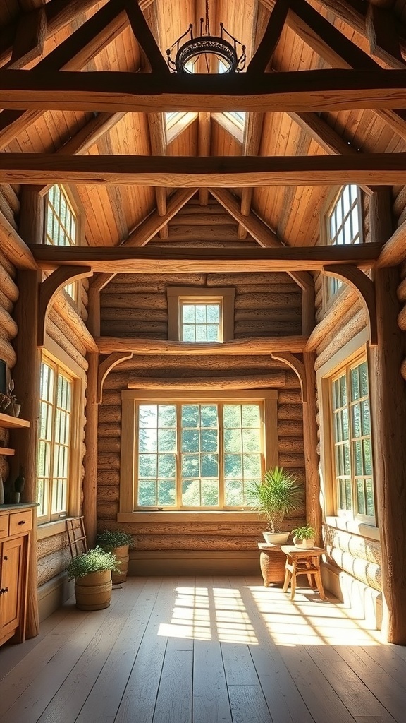 Interior of a rustic cottage with wood beams and large windows allowing natural light.