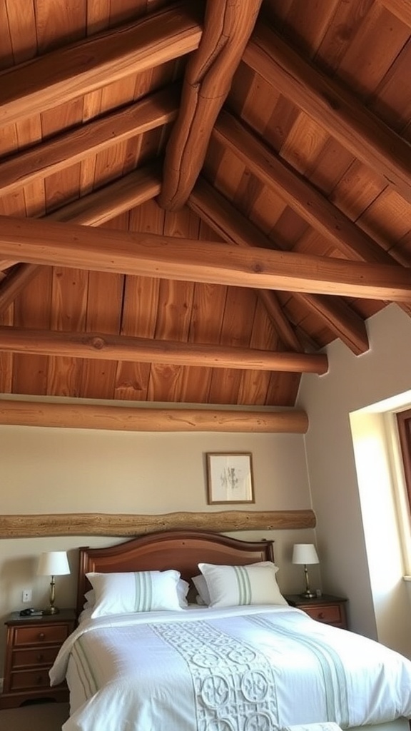 A cozy bedroom with a wooden ceiling featuring rustic wood beams.