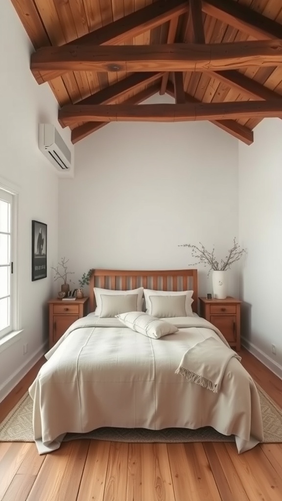 A rustic farmhouse bedroom featuring wooden beams and soft textiles