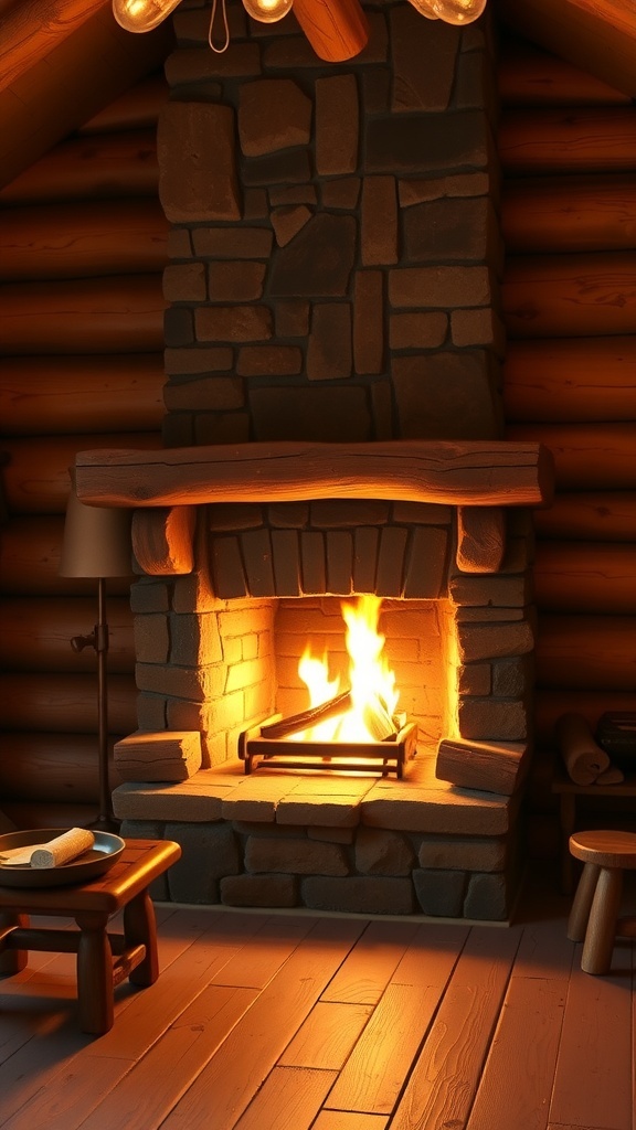 A cozy fireplace in a wooden cabin, with flames flickering and a warm ambiance.