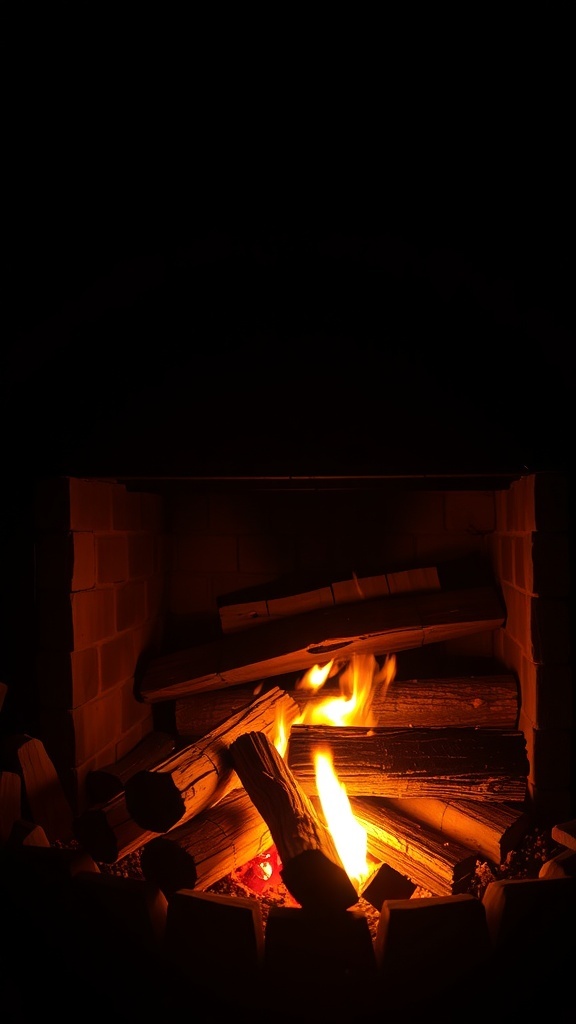 A crackling fireplace with logs burning warmly.