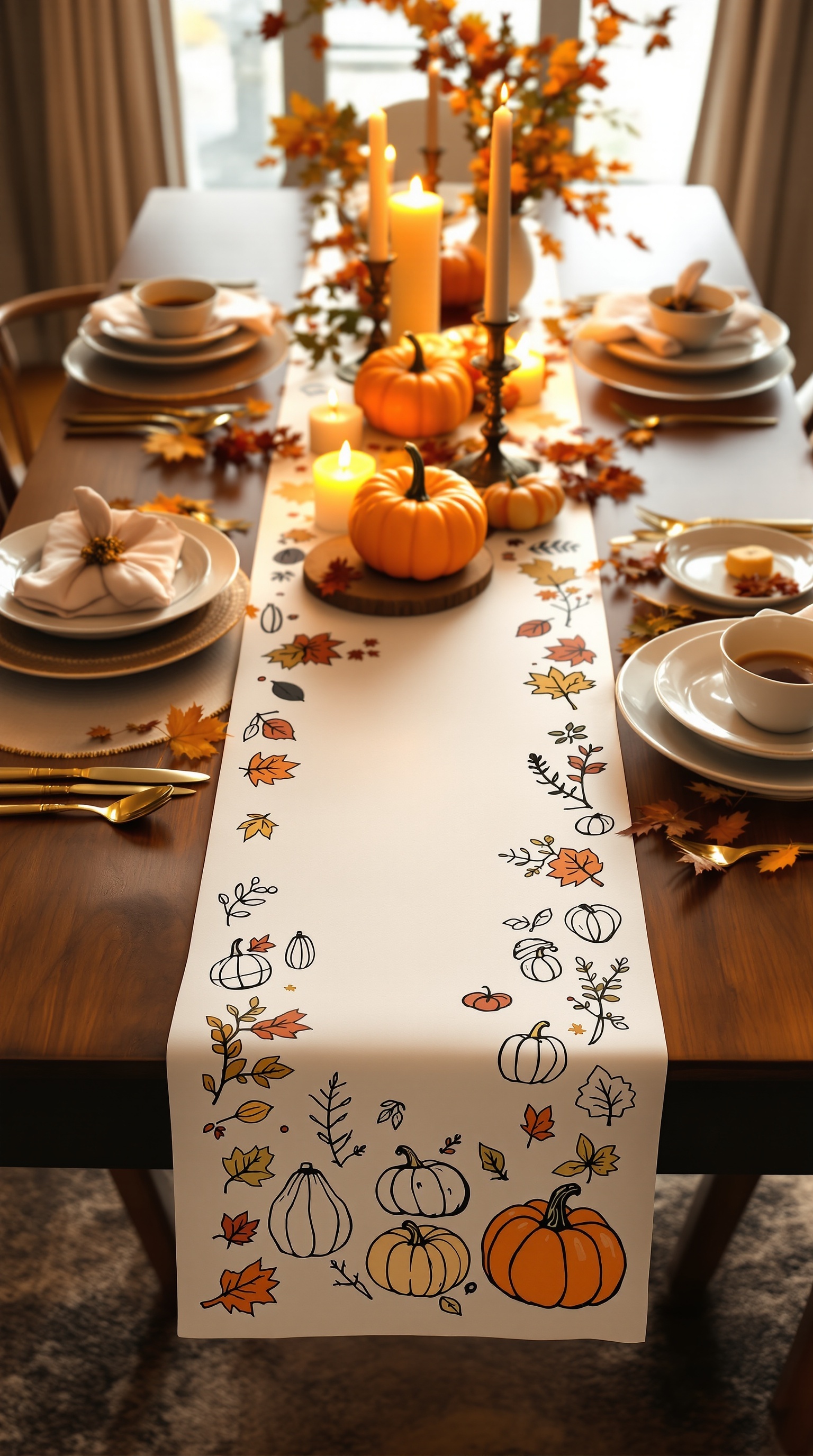 A craft paper table runner with autumn doodles, pumpkins, and leaves, set on a Thanksgiving table.
