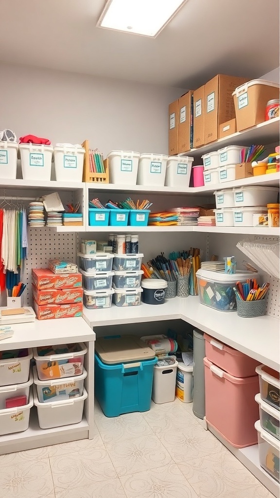 A well-organized craft supply room with labeled bins and shelves.