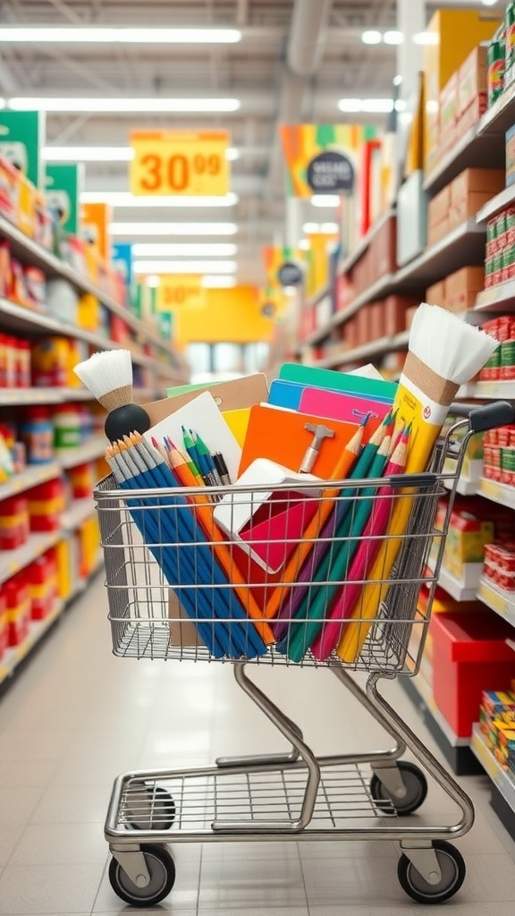 A shopping cart filled with colorful craft supplies in a store aisle.