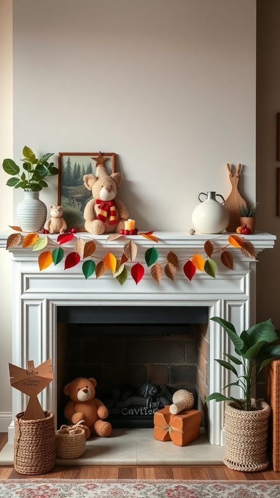 A cozy mantel decorated with a colorful leaf garland, teddy bears, and candles, creating a warm fall atmosphere.