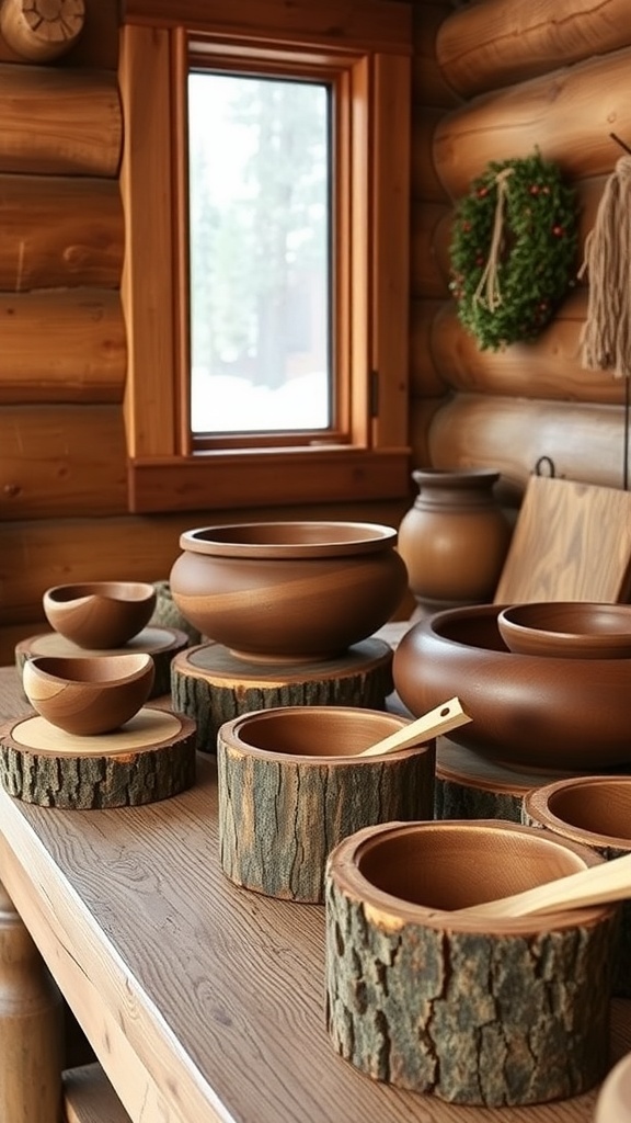 A collection of handcrafted wooden bowls and rustic decor on a wooden table in a log cabin.