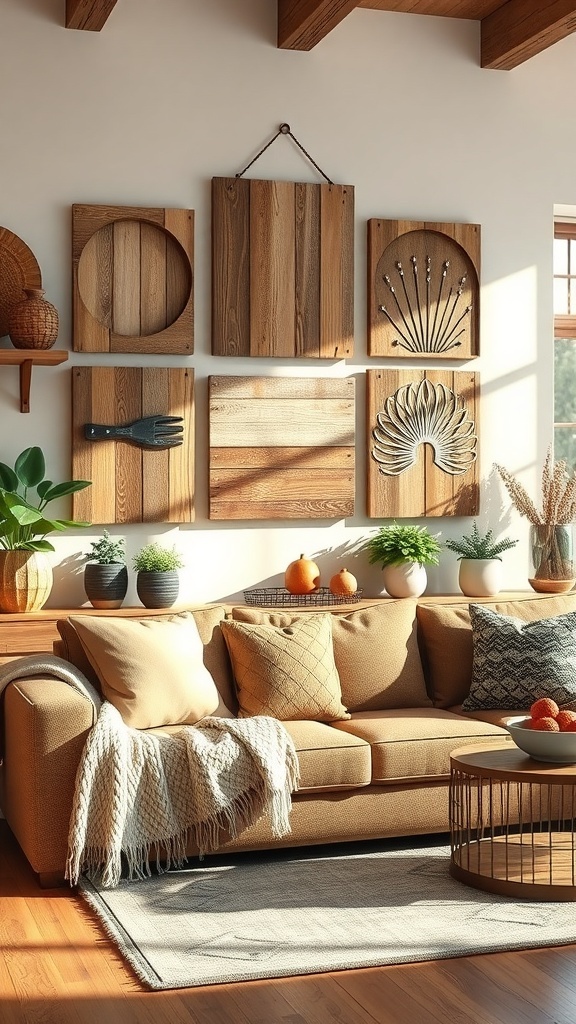 A farmhouse style living room with crafted wall art featuring wooden and framed prints.