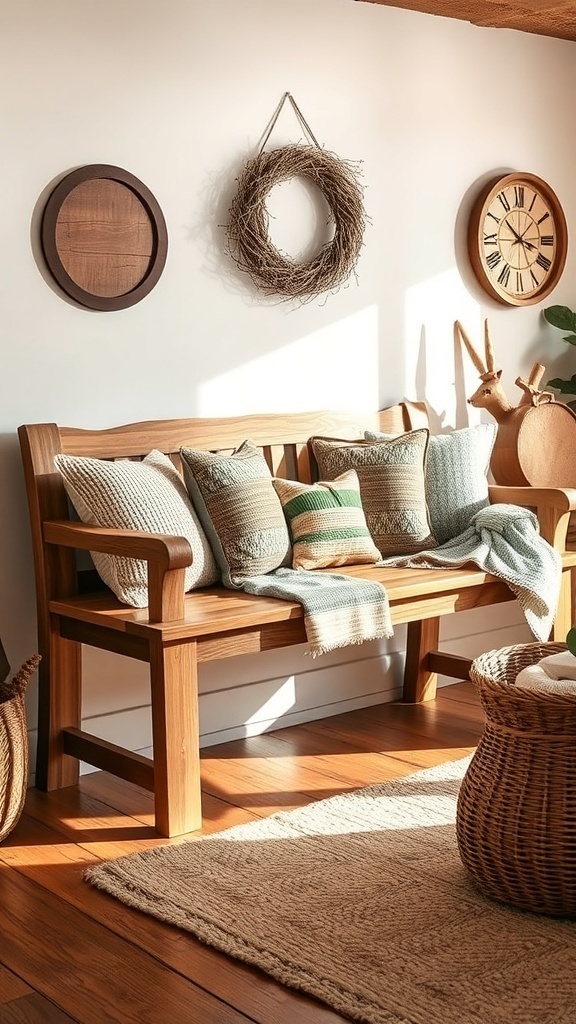 A crafted wooden bench with cushions and a blanket in a farmhouse living room setting.