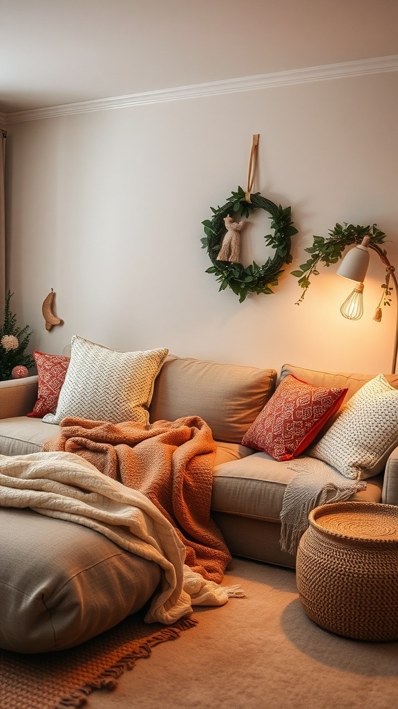 Cozy living room with beige sofa, colorful cushions, a knitted blanket, and warm lighting.