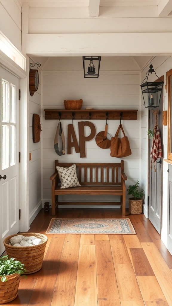 Cozy rustic farmhouse entryway with wooden bench and decorative elements.