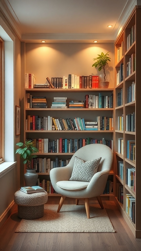Cozy reading nook with a comfortable chair, bookshelves, and a small plant.