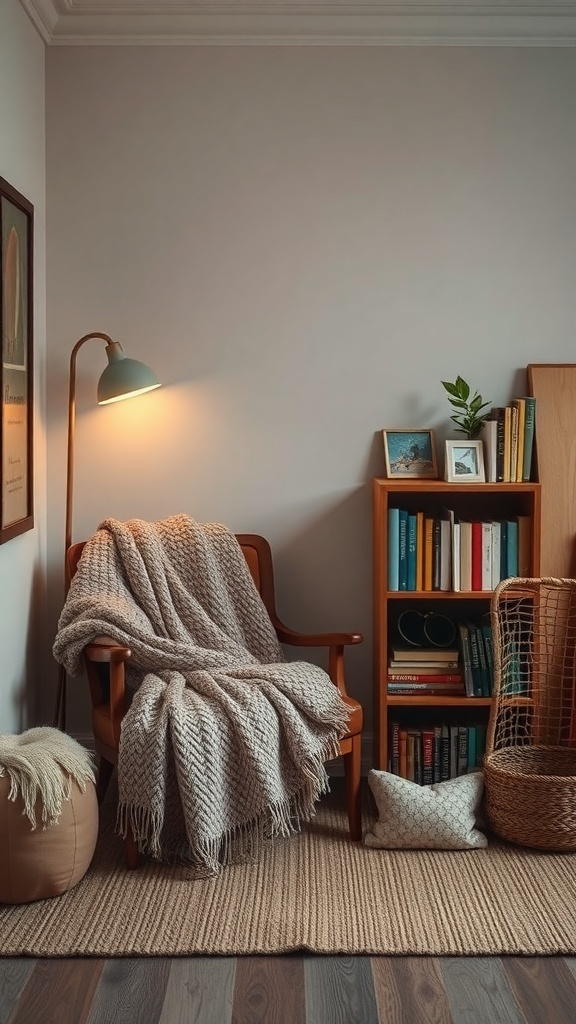 A cozy reading nook with a chair, blanket, lamp, and bookshelf.