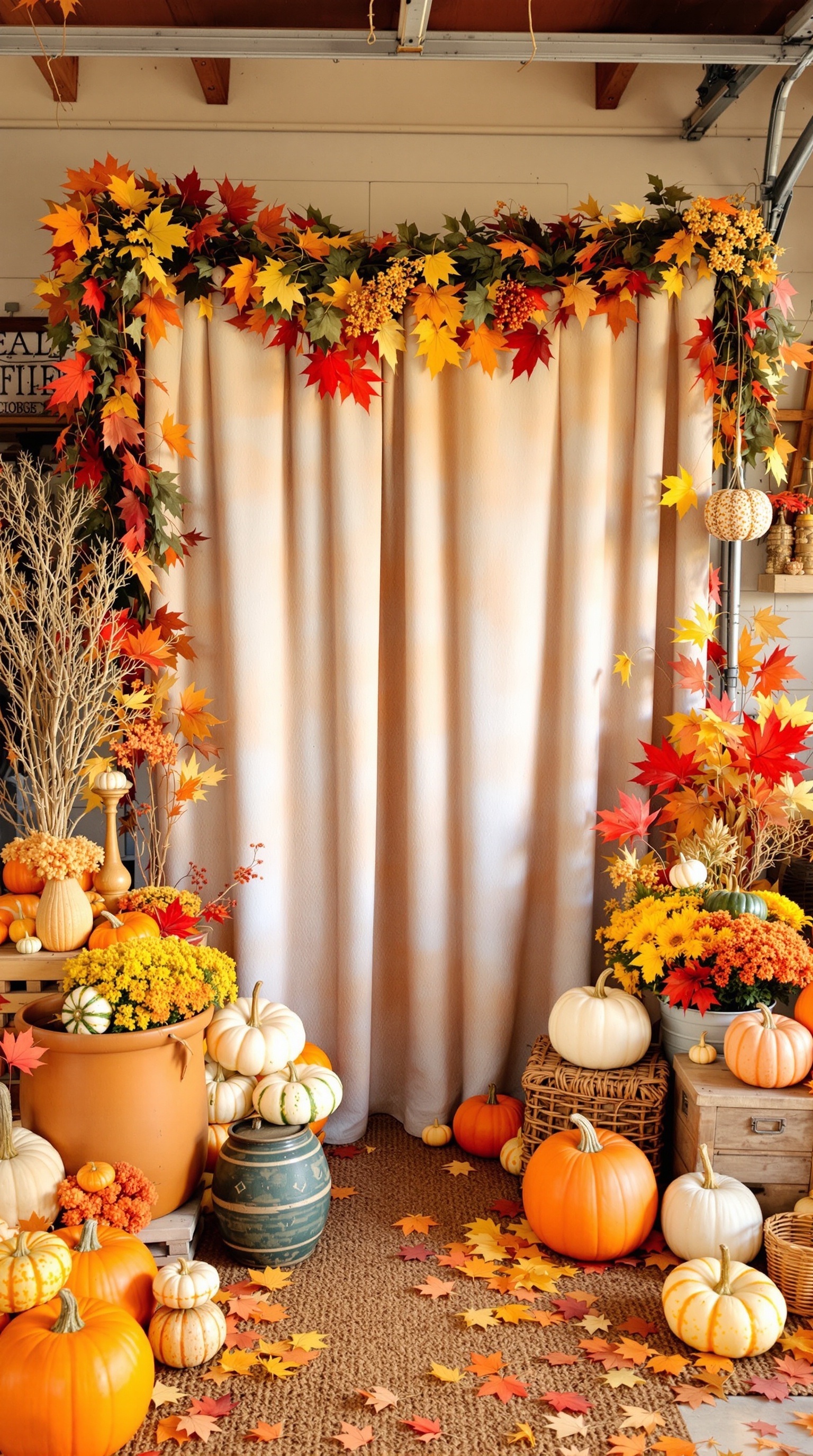 Two people posing in front of a DIY Thanksgiving photo booth with autumn leaves and pumpkins.
