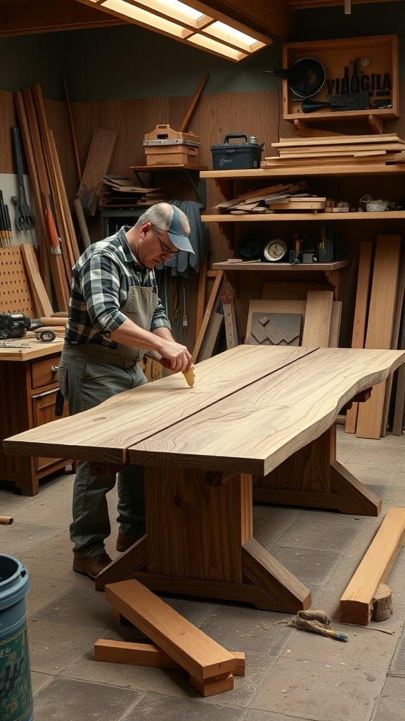 A person working on a handmade rustic dining table in a workshop.