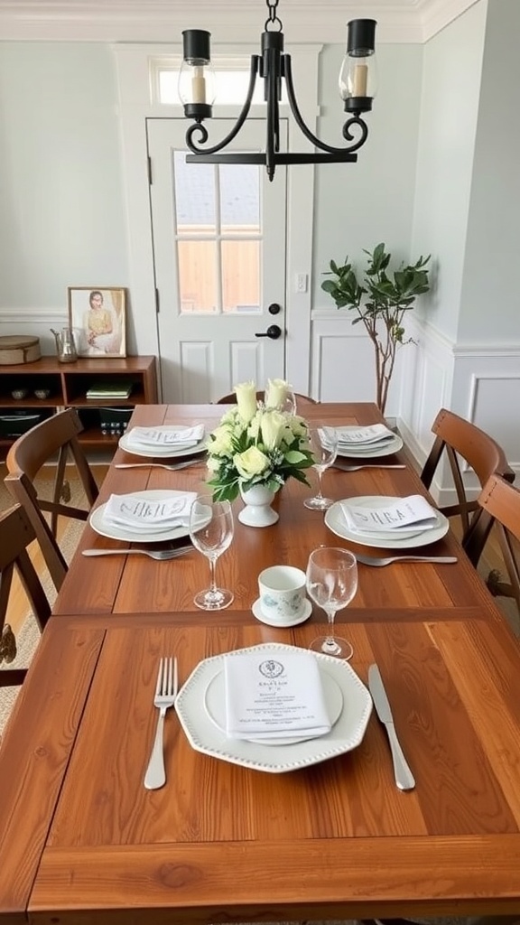 A beautifully set modern farmhouse dining table with plates, glasses, and a floral centerpiece.