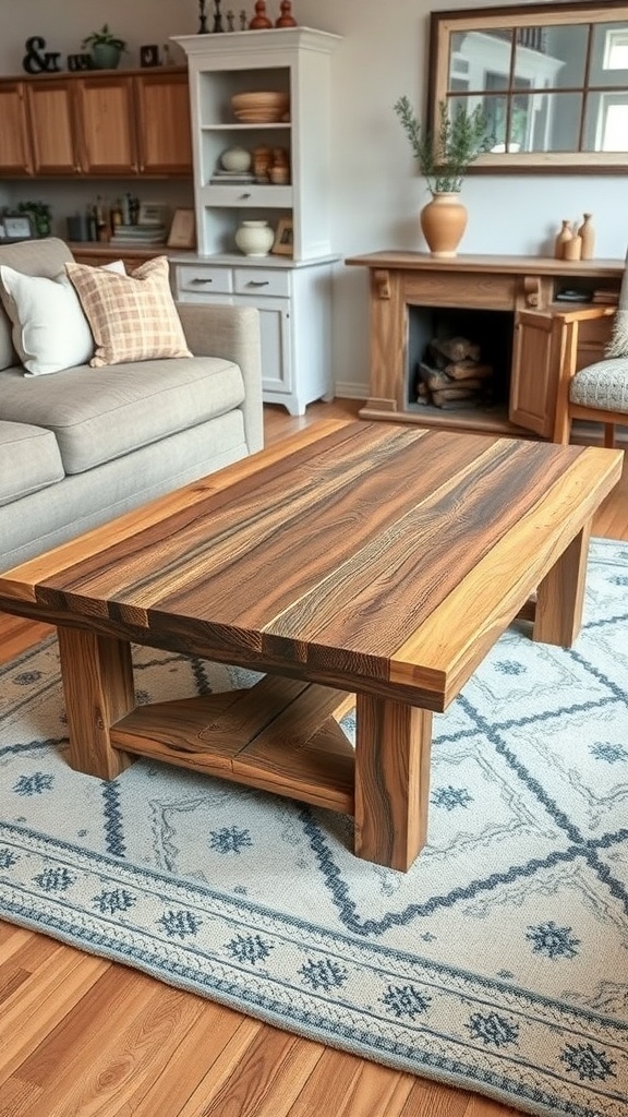 A rustic coffee table made from reclaimed wood, placed in a cozy living room setting.