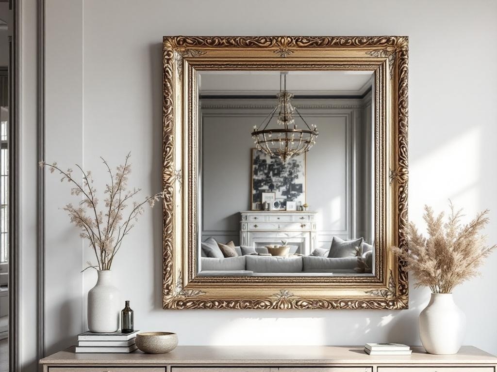 A beautifully ornate gold-framed mirror above a console table with decorative vases and books.