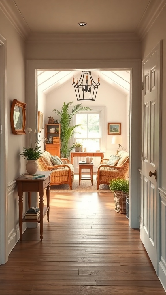 A cozy entryway leading into a bright living room with comfortable seating and natural light.