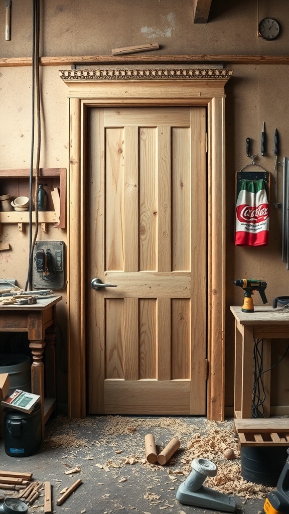 A rustic wooden front door in a workshop, surrounded by tools and wood shavings.