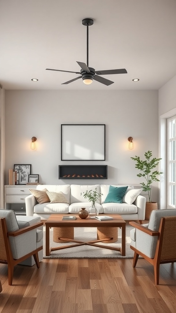 A cozy modern farmhouse living room with dimmable lighting and a ceiling fan.